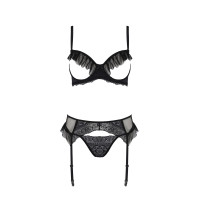 Комплект Passion KERRIA SET WITH OPEN BRA black, XXL/XXXL, бюстгальтер с открытой чашкой, стринги, пояс для чулок