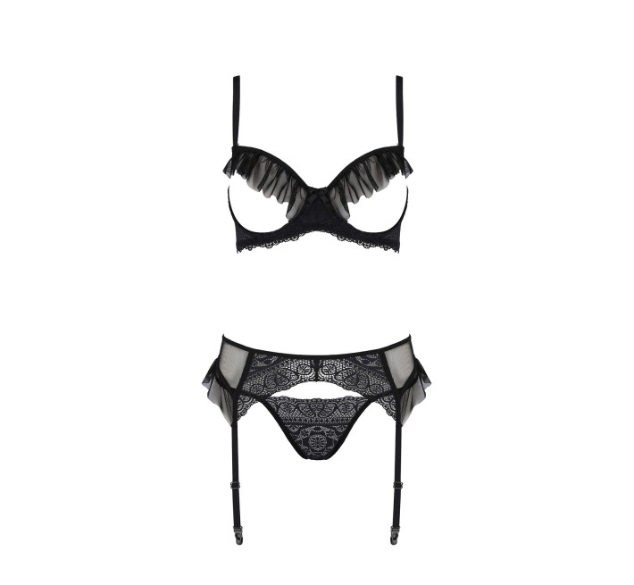 Комплект Passion KERRIA SET WITH OPEN BRA black, XXL/XXXL, бюстгальтер с открытой чашкой, стринги, пояс для чулок