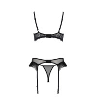 Комплект Passion KERRIA SET WITH OPEN BRA black, XXL/XXXL, бюстгальтер с открытой чашкой, стринги, пояс для чулок