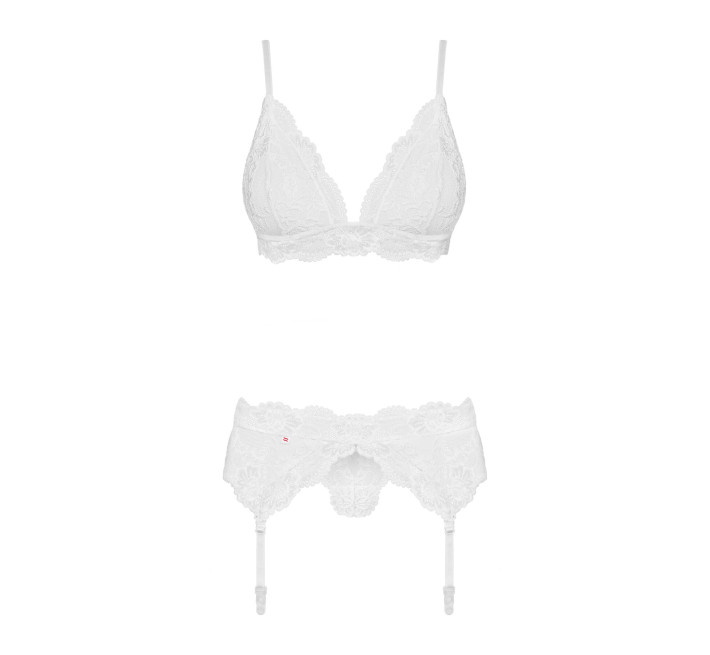 Кружевной комплект белья Obsessive 810-SEG-1 бюстгальтер, стринги, пояс для чулок White S/M