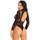Боди Leg Avenue High neck lace bodysuit, One Size, черное, длинный рукав, стринги, цветочный рисунок