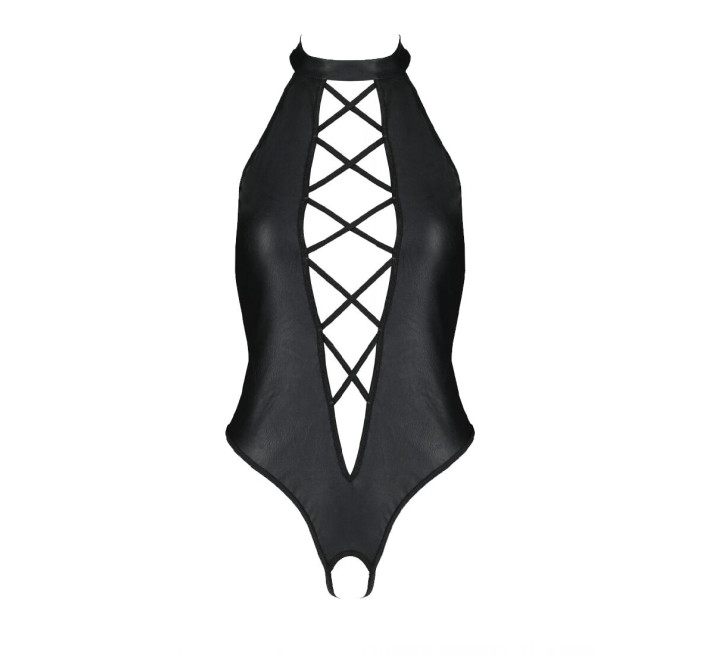Боді з еко-шкіри з імітацією шнурівки та відкритим доступом Passion Nancy Body black 4XL/5XL