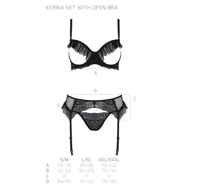 Комплект Passion KERRIA SET WITH OPEN BRA black, XXL/XXXL, бюстгальтер с открытой чашкой, стринги, пояс для чулок