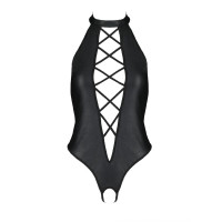 Боди из эко-кожи с имитацией шнуровки и открытым доступом Passion Nancy Body black 6XL/7XL