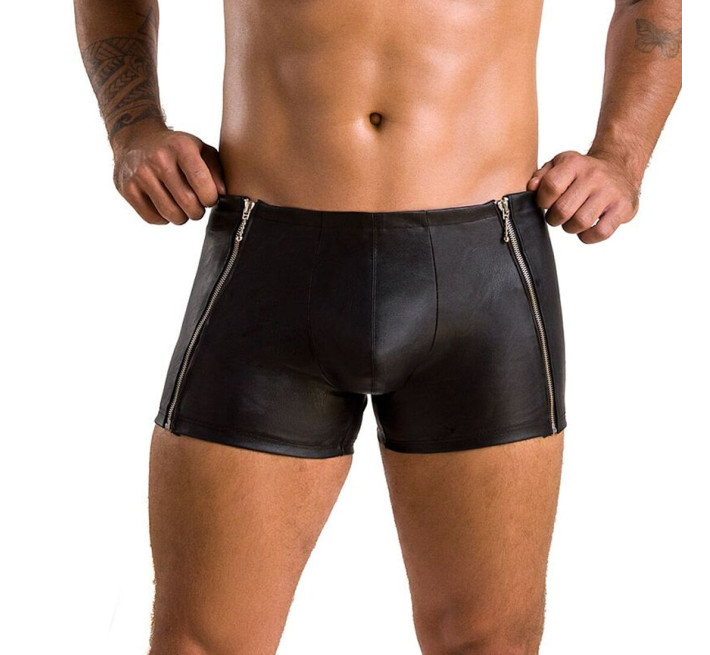 Чоловічі шкіряні боксери з блискавками Passion 049 Short Matt Black S/M