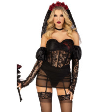 Эротический костюм черной невесты Leg Avenue Heartbreak Bride M, боди, рукава, вуаль, чокер
