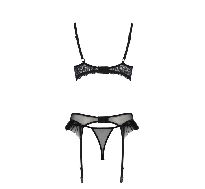 Комплект Passion KERRIA SET WITH OPEN BRA black, L/XL, бюстгальтер з відкритою чашкою, стрінги, пояс для панчіх