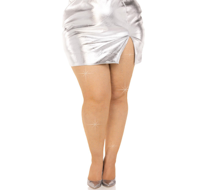 Колготки Leg Avenue Rhinestone micro net tights Plus size Caramel, мелкая сетка, стразы