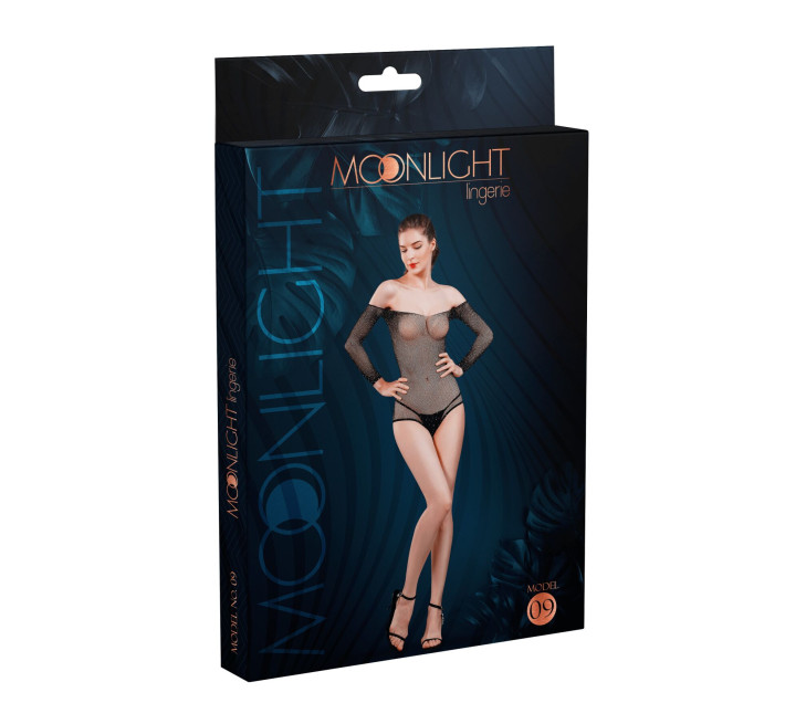 Сітчасте боді зі стразами Moonlight Model 09 Black XS-L, відкриті плечі