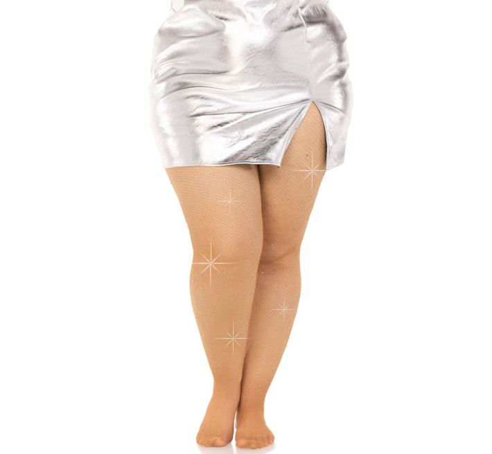 Колготки Leg Avenue Rhinestone micro net tights Plus size Caramel, мелкая сетка, стразы