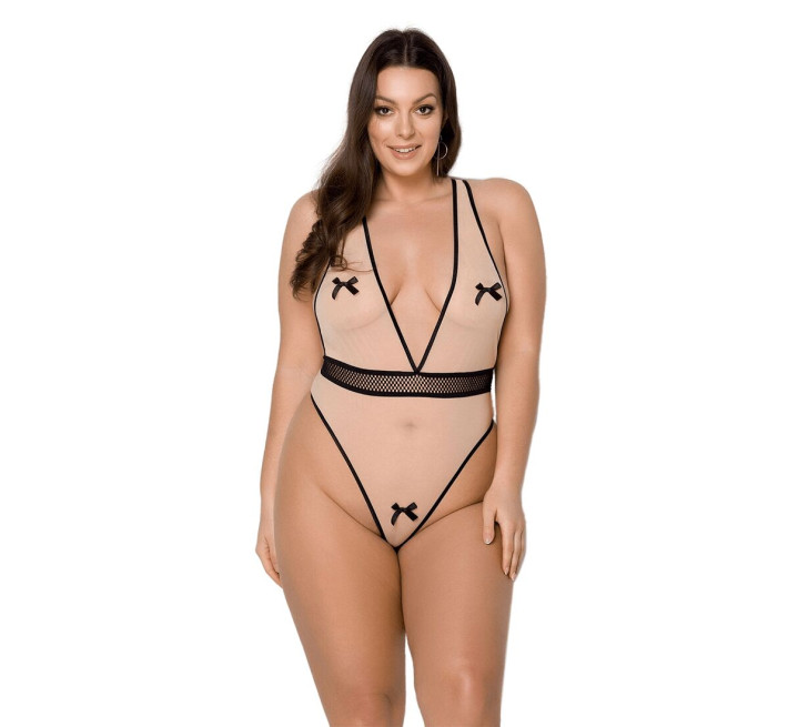 Боди Passion Viena Body beige 4XL/5XL, контрастное, бантики, вставка-сетка, открытые ягодицы