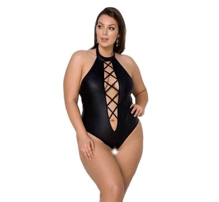 Боді з еко-шкіри з імітацією шнурівки та відкритим доступом Passion Nancy Body black 6XL/7XL