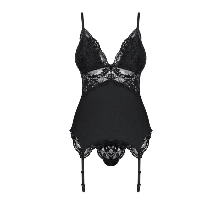 Сатиновый кружевной корсет Obsessive 810-COR-1 babydoll & thong корсет, танга, черный S/M