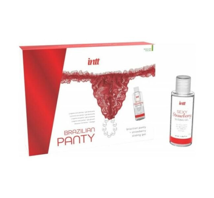 Набір Intt BRAZILIAN PANTY RED: трусики на зав’язках з перлинним кільцем + полунична змазка S-XL