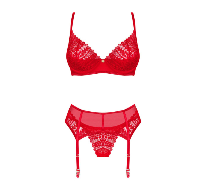 Комплект Obsessive Ingridia 3-pcs set XL/2XL, червоний, бюстгальтер, стрінги, пояс