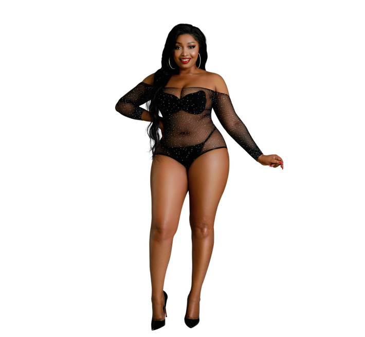 Сітчасте боді зі стразами Moonlight Plus Model 09 Black XL-XXXL, відкриті плечі