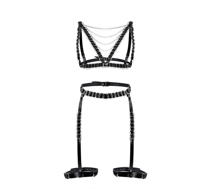 Сексуальный набор гартеры и портупея Art of Sex - Geneva украшенные кольцами, Натуральная кожа, XS-M