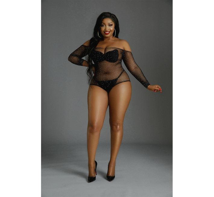 Сітчасте боді зі стразами Moonlight Plus Model 09 Black XL-XXXL, відкриті плечі