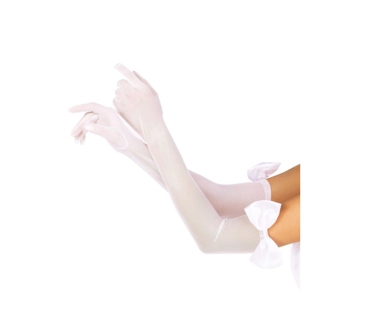 Длинные перчатки с бантом Leg Avenue Opera length bow top gloves White, полупрозрачные