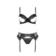 Комплект Passion KERRIA SET WITH OPEN BRA black, S/M, бюстгальтер с открытой чашкой, стринги, пояс для чулок