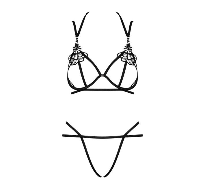 Эротический комплект со стрепом Obsessive Badossa 2-pcs set с доступом, бюстгальтер, стринги, черный L/XL