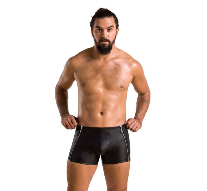 Чоловічі шкіряні боксери з блискавками Passion 049 Short Matt Black XXL/XXXL