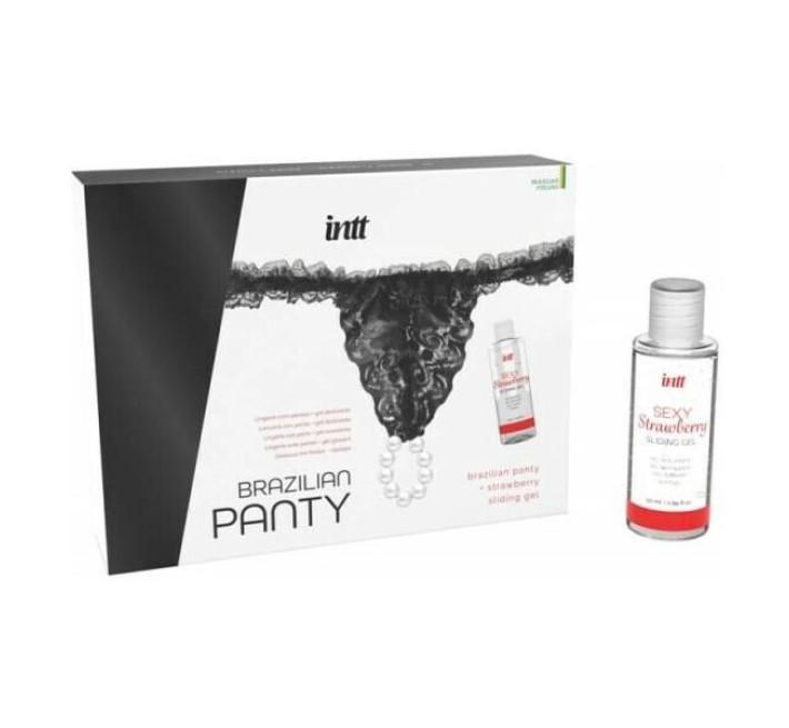 Набір Intt BRAZILIAN PANTY BLACK: трусики на зав’язках з перлинним кільцем + полунична змазка S-XL