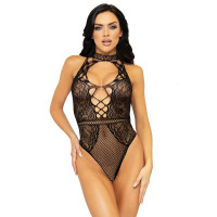 Боді Leg Avenue Net and lace halter bodysuit Black OS