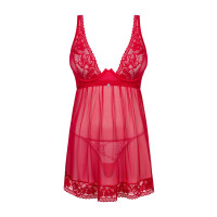 Прозора сорочка бебі-дол Obsessive Lacelove babydoll & thong червона M/L