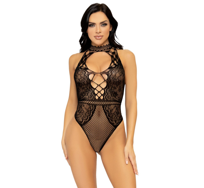 Боди Leg Avenue Net and lace halter bodysuit Black OS