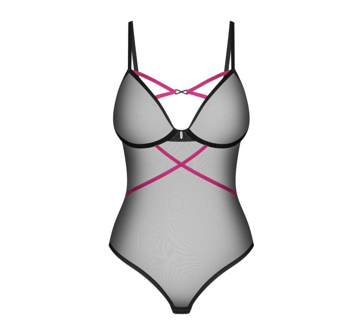 Боди Obsessive Novenes teddy, XS/S, прозрачное, чашки на косточках, декор в виде лент