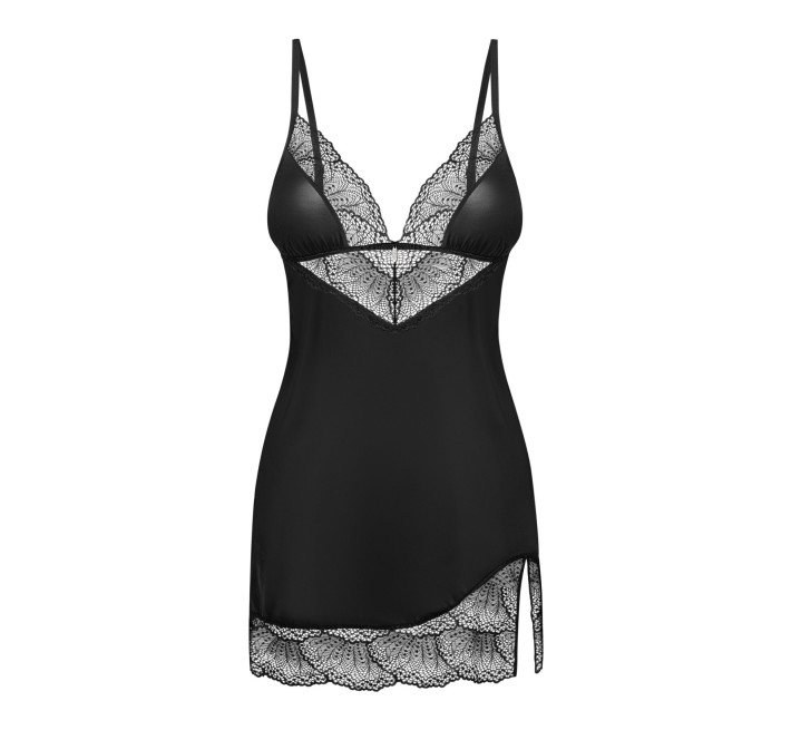 Пеньюар Obsessive Lobellis chemise & thong, M/L, черный, кружевная отделка, стринги в комплекте