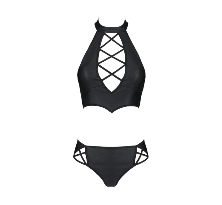 Комплект из эко-кожи Passion Nancy Bikini 4XL/5XL black, бра и трусики с имитацией шнуровки