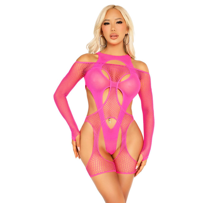 Комплект Leg Avenue Fishnet Garter Harness and Teddy One Size Neon Pink