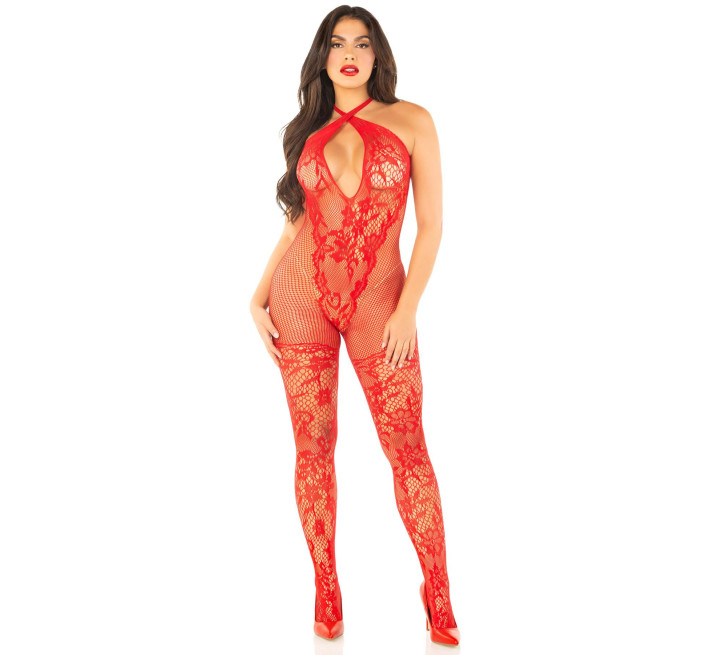 Бодистокинг Leg Avenue Seamless Net and Lace Lingerie Jumpsuit One Size, Red