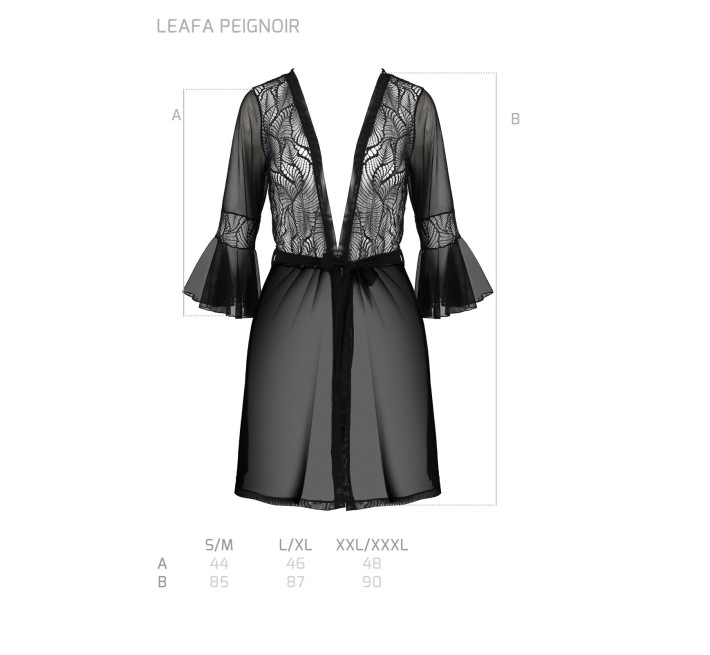 Пеньюар Passion LEAFA PEIGNOIR black, L/XL, длина чуть выше колена, широкие рукава, завязывается на пояс