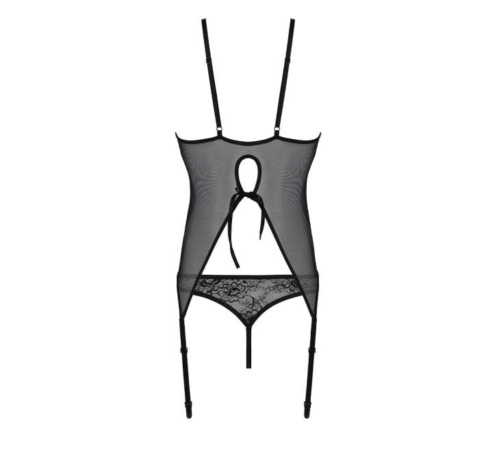 Корсет із пажами, трусики з ажурним декором та відкритим кроком Passion Ursula Corset black S/M