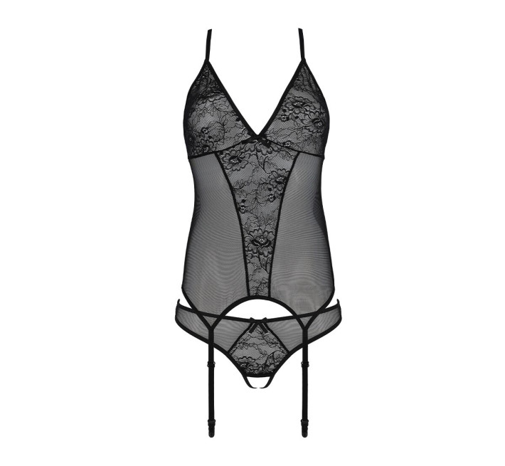 Корсет із пажами, трусики з ажурним декором та відкритим кроком Passion Ursula Corset black S/M