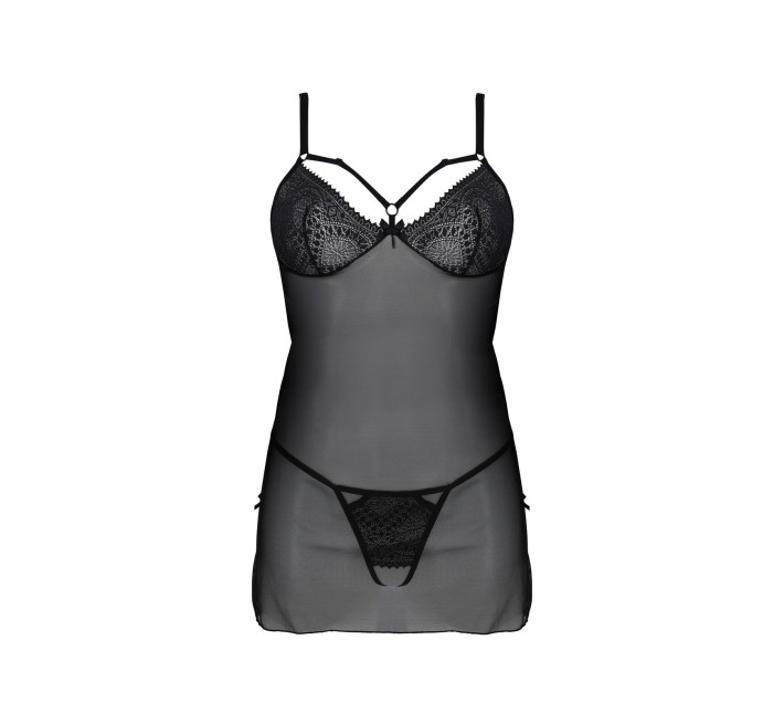 Пеньюар Passion DROSERA CHEMISE black, L/XL, кружевной лиф со стрепами, трусики в комплекте