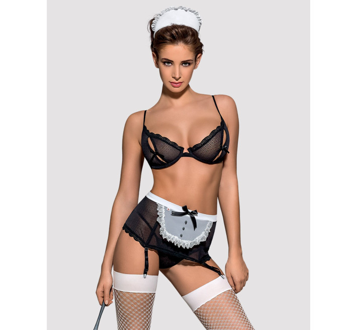 Эротический костюм горничной Obsessive Maidme set 5pcs черно-белый L/XL