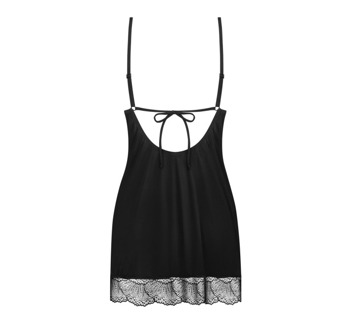 Пеньюар Obsessive Lobellis chemise & thong, XL/2XL, черный, кружевная отделка, стринги в комплекте