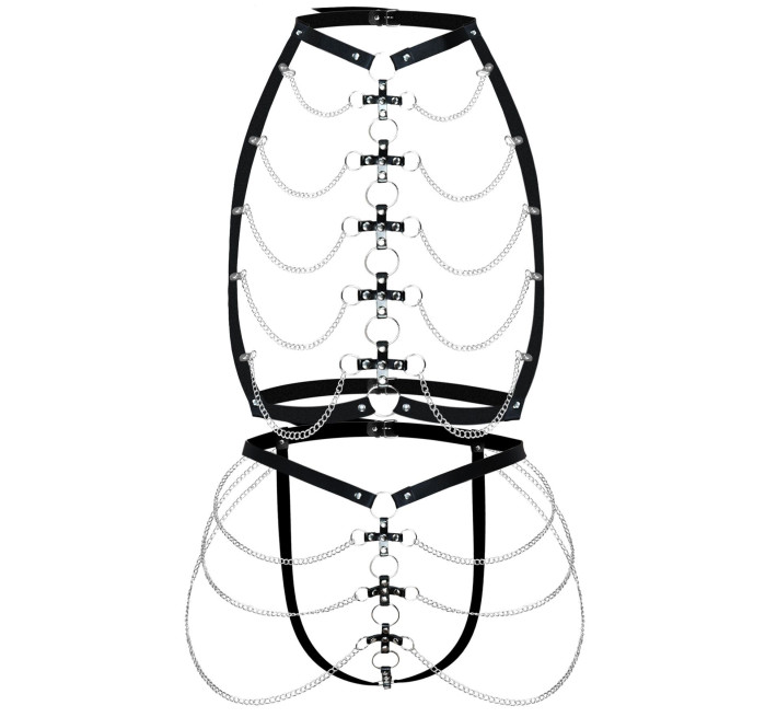 Набор портупея + трусики из кожи с цепочками Art of Sex - Cross, размер L-2XL, цвет черный
