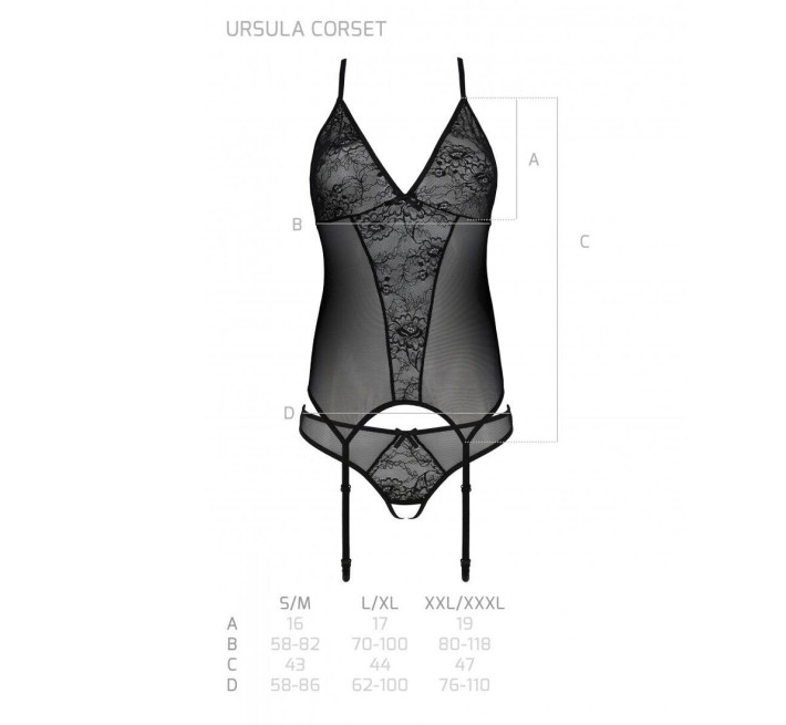 Корсет із пажами, трусики з ажурним декором та відкритим кроком Passion Ursula Corset black S/M