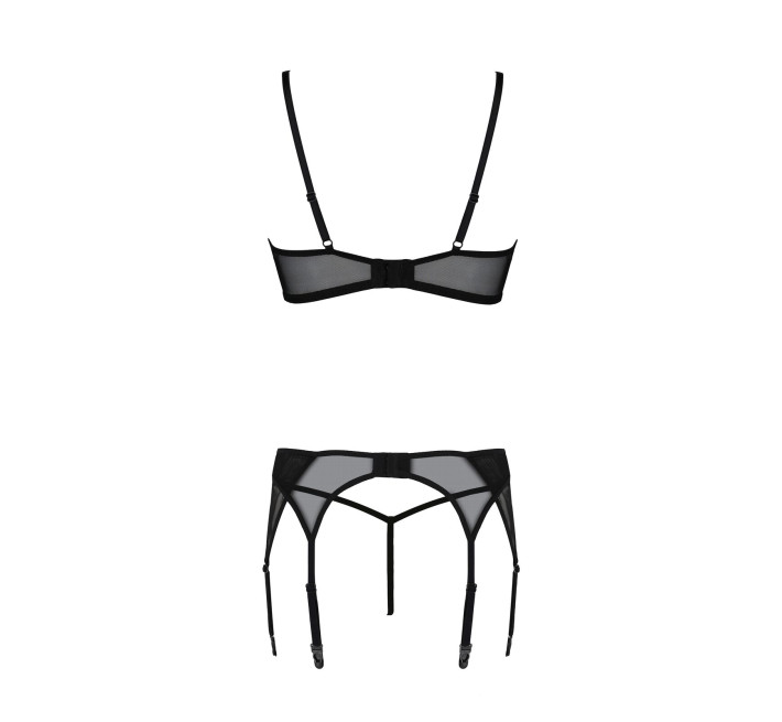 Комплект Passion LEAFA SET black S/M, мереживо+сітка, бюстгальтер на кісточках, стрінги, пояс для панчіх
