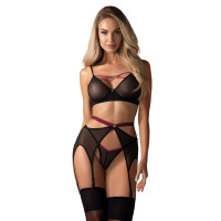 Комплект Obsessive Novenes 3-pcs set, M/L, прозрачный лиф на косточках, стринги, пояс