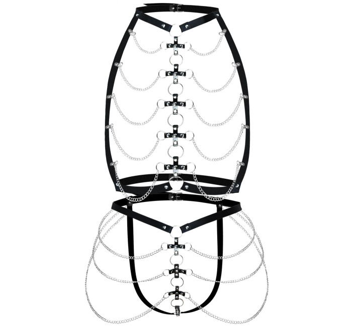 Набір портупея + трусики зі шкіри з ланцюжками Art of Sex - Cross, розмір XS-M, колір чорний
