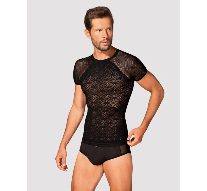 Мужская полупрозрачная футболка с орнаментом Obsessive T102 T-shirt S/M/L, черная