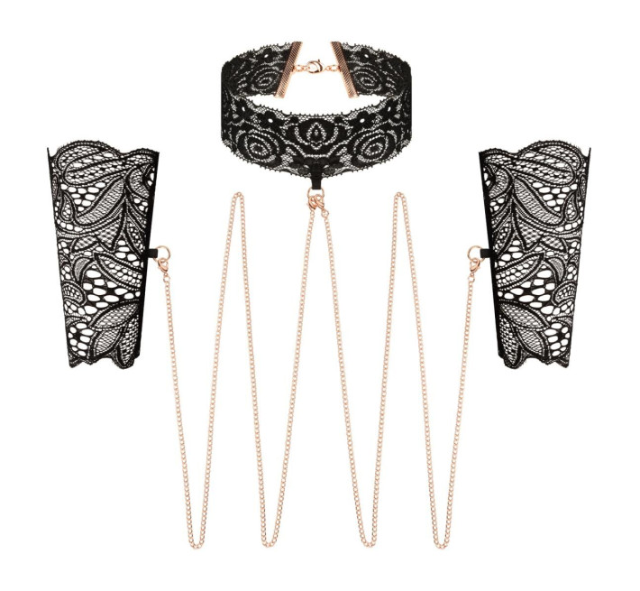 Мереживні наручники та комір Rosy Gold - Lace Cuffs and Collar - Black