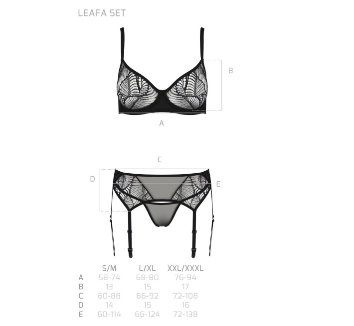 Комплект Passion LEAFA SET black S/M, мереживо+сітка, бюстгальтер на кісточках, стрінги, пояс для панчіх