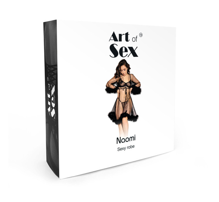 Прозорий халатик з пір'ям Art of Sex Naomi чорний L-2XL